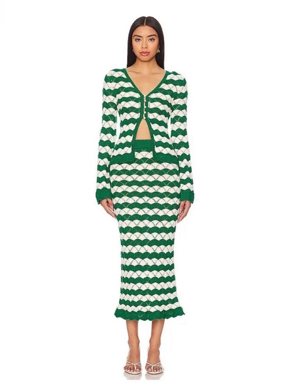 Misa Los Angeles Green & Cream Striped Knit Cardigan and Skirt Set